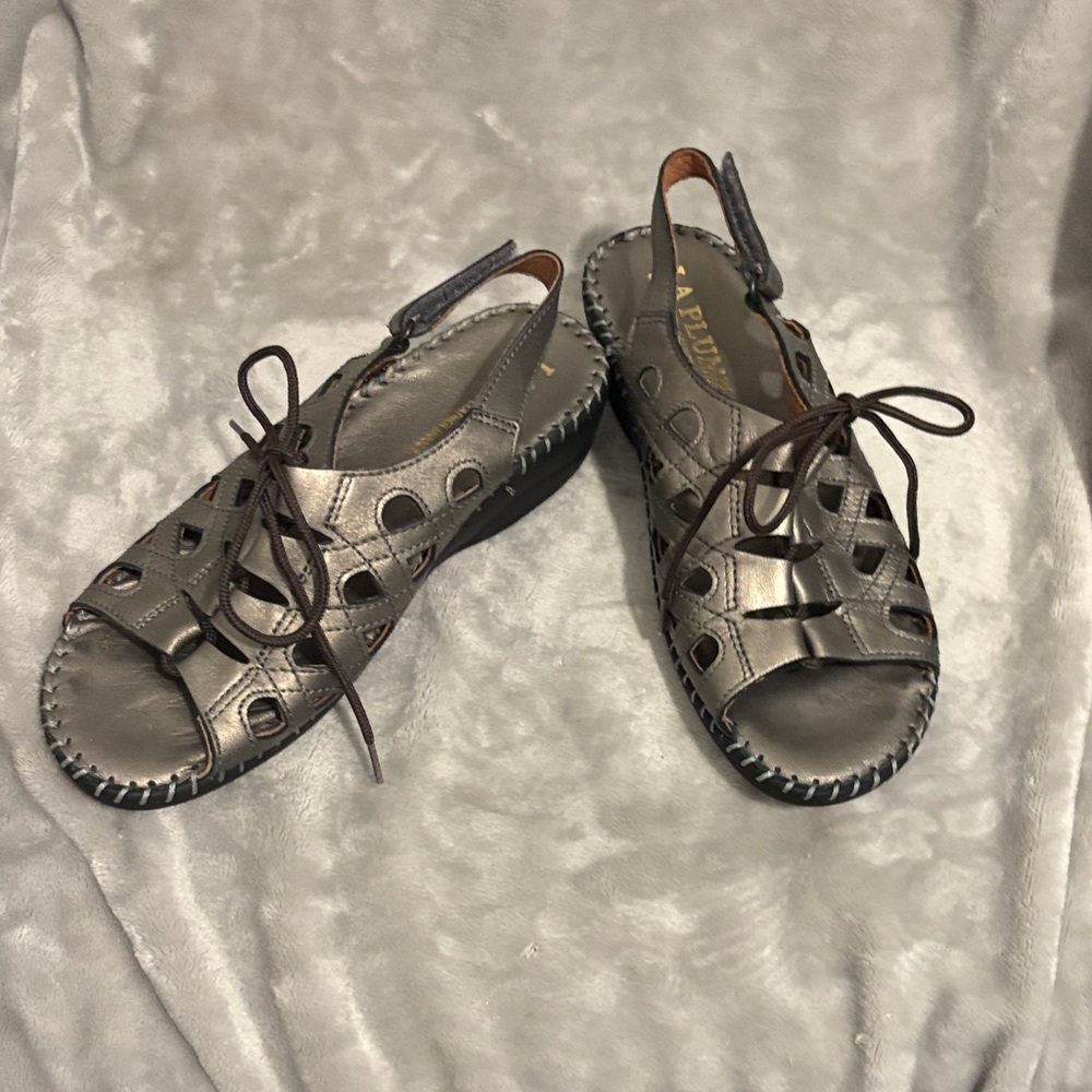 Metallic Gray Lace-Up Slingback Sandals